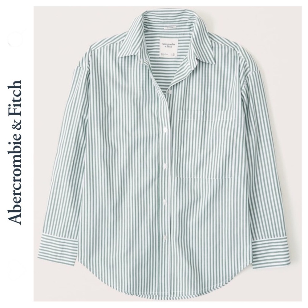 Abercrombie & Fitch Green and White Striped Button-Down Shirt